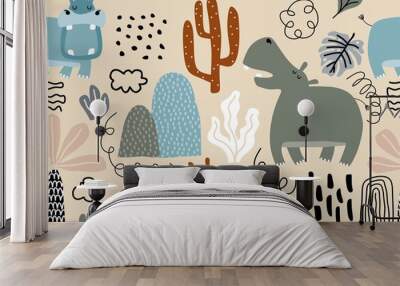 hand drawn seamless pattern with cute hippos Wall mural