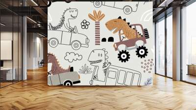 seamless pattern with cute dinosaur driving cars. Wall mural