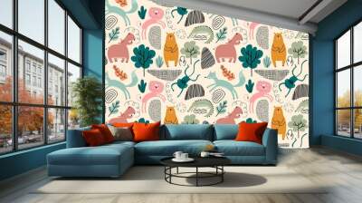 Vector seamless pattern with cute animal. Wall mural