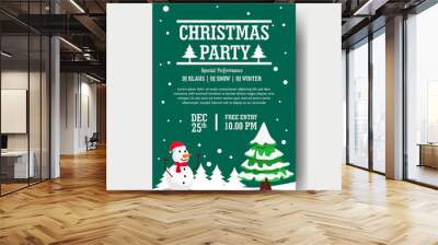 Christmas party poster template with tree and snowman on the snow. vector illustration Wall mural