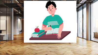 Diligent boy study and write a note for homework school education with happy and fun illustration Wall mural