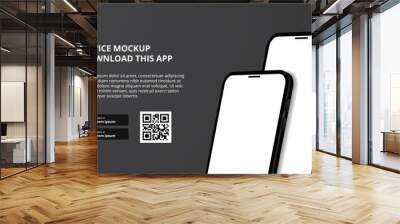 landing page banner advertising for downloading app for mobile phone, 3D double smartphone device mockup. Download buttons with scan qr code template. Wall mural