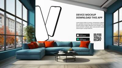 landing page banner advertising for downloading app for mobile phone, 3D double two smartphone float device mockup. Download buttons with scan qr code template. Wall mural