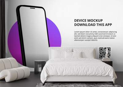 landing page banner advertising for downloading app for mobile phone, 3D perspective smartphone device mockup. Download buttons with scan qr code template. Wall mural