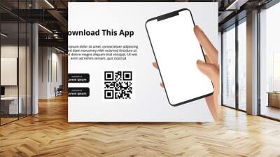 landing page banner advertising for downloading app for mobile phone, hand holding smartphone. Download buttons with scan qr code template. Wall mural