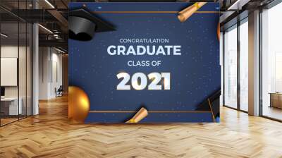 luxury graduation party poster invitation for class of 2021 with 3d golden balloon and graduation cap hat and paper with confetti Wall mural