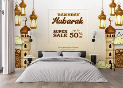 sale offer banner template for ramadan mubarak with 3d podium product display with fanous lantern and mosque luxury elegant Wall mural