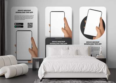 social media stories banner advertising for downloading app for mobile phone, hand holding smartphone. Download buttons with scan qr code template. 3D perspective phone Wall mural