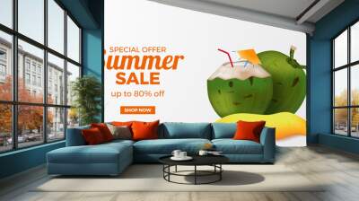 summer sale offer banner template with 3d realistic green coconut drink on the sand beach island Wall mural