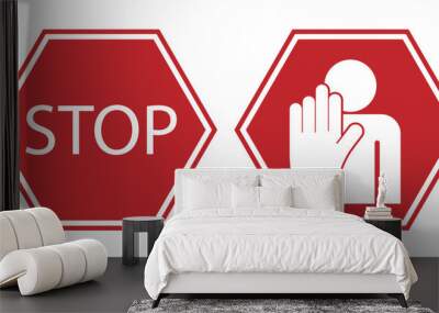 Bundle set hexagon do not enter, prohibition with stop palm hand gesture in red isolated sign Wall mural