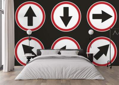 Bundle set of round circle up, down, left, right, diagonal way direction sreet sign in red white black color Wall mural