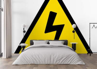 High voltage lightning triangle safety sign, black yellow electric power warning label isolated image Wall mural