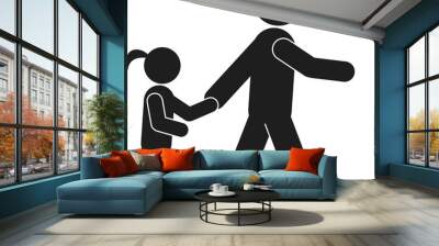 Isolated illustration of a man or father holding hand with pony tailed his girl daughter walking down at street zebra cross pedestrian, a template for pedestrians cross walk, school road crossing sign Wall mural