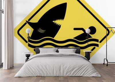 Yellow rectangle shark attack beach safety warning sign label, wild shark bite caution Wall mural