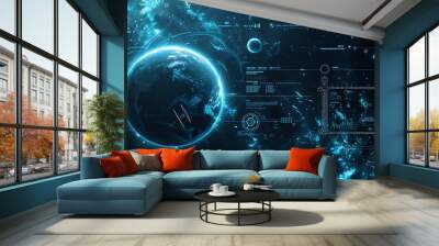 A blue planet with stars and moons, infographic elements on the background of space Wall mural