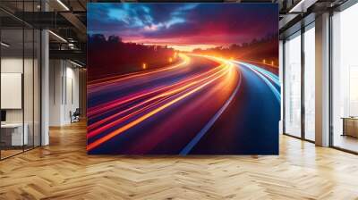 A dynamic and high speed abstract background of city highway with light trails at night. AI Image Generative Wall mural