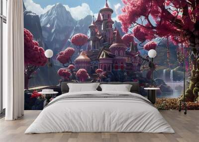 castle on fantasy world, with, candy, sweaty tree beautiful wonderland, Wall mural