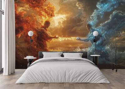 Fire bender and water bender fight side by side red and blue Wall mural