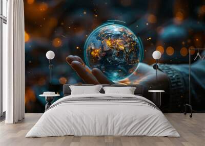 Hand holding hologram earth futuristic economy globe trade green eco design illustration AI Image Generative Wall mural