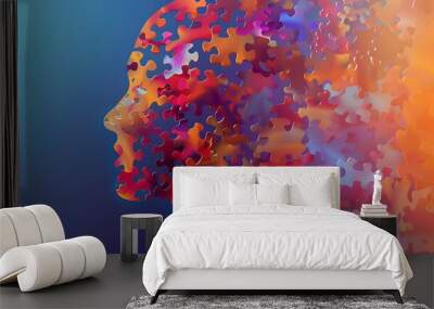 People silhouette illustration with Puzzle pieces forming a brain, mental health issue, Schizophrenia and autism Wall mural