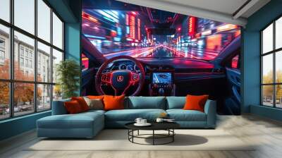 Photo steering wheel interior dashboard inside close up, high speed blur motion AI Image Generative Wall mural