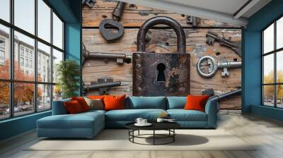 Rustic old padlock surrounded by vintage keys on a wooden background, top view. Wall mural