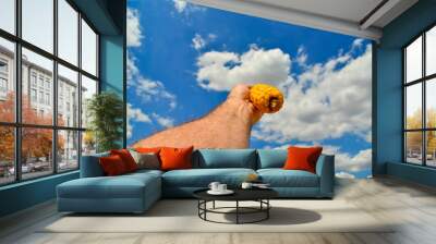 Male hand holds bitten corn against the blue sky with clouds, healthy food concept. Wall mural