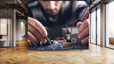 Man checking computer with a multimeter. Wall mural