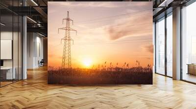 Power line at the sunset. High voltage towers Wall mural