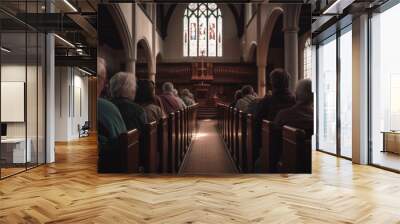 Rear view group of people sitting in a church. Generative Ai Wall mural