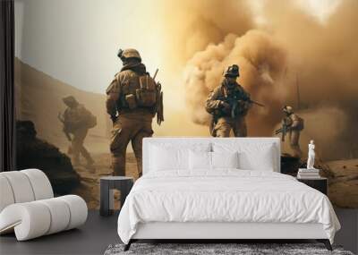 Soldiers fighting at desert. War. Generative Ai Wall mural