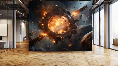 Spacecraft in intergalactic warfare with a world exploding. Generative Ai Wall mural