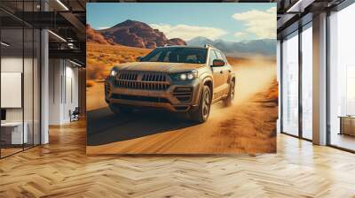 Suv car at desert. Wall mural