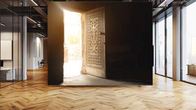 View of opened church wooden door. Wall mural