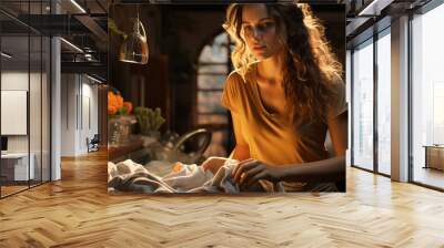 Washwoman with clothes in a laundry room. Wall mural