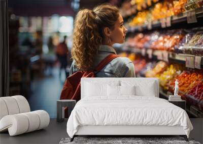 Woman choosing products in supermarket. Wall mural