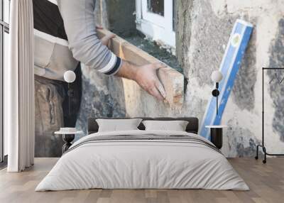 Worker holding wooden plank near window. Wall mural