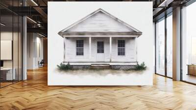 White wooden house with porch set against a clear and simple background scene. Wall mural