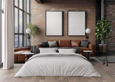 A industrial living room with exposed brick walls and interior. Two large, white photo frames on the wall. Mockup for photos and art. Wall mural