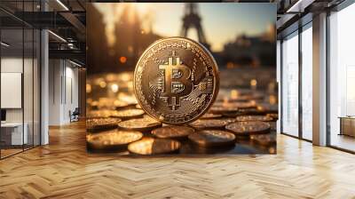 bitcoin coin with the effeil tower in defocused background Wall mural