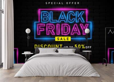 Black friday sale with neon light banner Wall mural