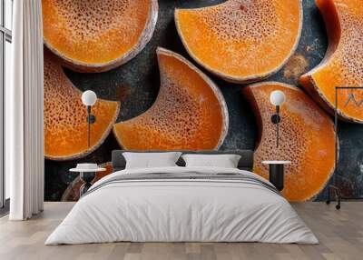 Close-up of Sliced Orange Candied Fruit on Dark Background Wall mural