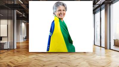  September 7th, Brazil's Independence Day - Mature Woman with Gray Hare Holding Brazil Flag Wall mural