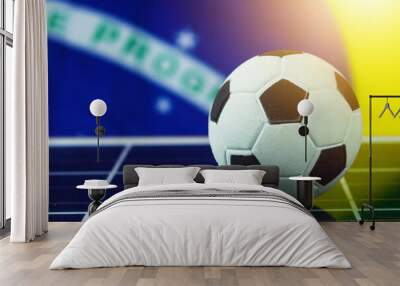 Soccer Ball and Brazil Flag over Photovoltaic Solar Panel. World Cup and Technology Concept Image for Design. Wall mural