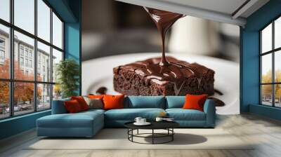 Pouring Chocolate Sauce On A Brownie Wall mural