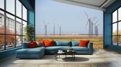 Wind generators in the background in Azerbaijan. Nature ecology concept. Wall mural