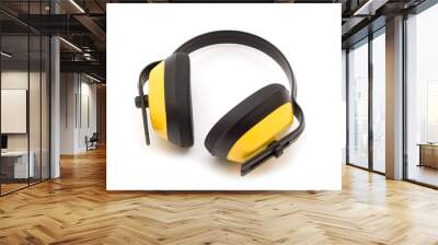 yellow protection headphones on white background Wall mural