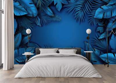 A blue background with a leafy green forest in the foreground Wall mural