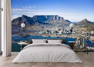 Aerial view of Cape Town city centre, with Table Moutain, Cape Town Harbour, Lion's Head and Devil's Peak Wall mural