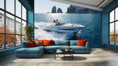 aerial view Yacht in the Mediterranean Sea. faraglioni of Capri island, Italy. Wall mural